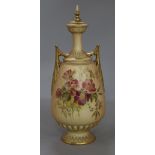 A Royal Worcester blush ivory two-handled vase and cover