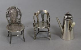 A Victorian silver miniature chocolate pot novelty pepperette, 1896, a captains chair, 1910 and