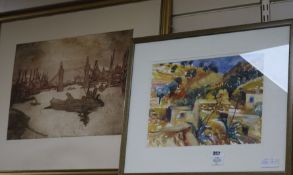 Penny Colman, watercolour, Spain in September, and a signed etching and aquatint, titled "Tower