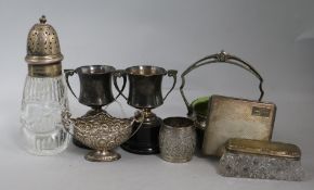 Two silver trophy cups, a cigarette case , a salt etc (8), 9.8oz. weighable