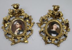 A pair of Florentine framed porcelain plaques, one of Napoleon, the other Josephine, 9 x 6cm