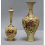 A Royal Worcester blush ivory inverted pyriform vase and a similar long-necked vase and cover