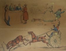 A pair of comical hunting prints and a Victorian sampler, largest 20 x 24cm