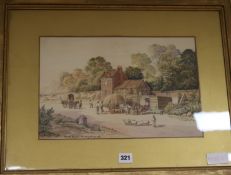 A. Hanton, watercolour, "An Old Inn at Kensington 1720", signed and dated, 25 x 38cm
