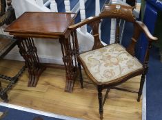 An Edwardian inlaid corner armchair and a nest of 3 tea tables