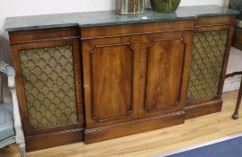 A pair of George III style mahogany marble topped breakfront side cabinets