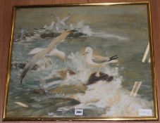 Charles Walter Simpson, watercolour and gouache on paper, gulls on rocks, signed and dated 1912,