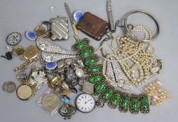 A quantity of mixed costume jewellery including a gold locket and 5 enamelled silver buttons