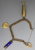 A 9ct gold curblink charm bracelet, hung with three assorted charms, gross 34.8 grams.