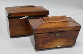 A Regency mahogany sarcophagus-shaped tea caddy and another similar tea caddy