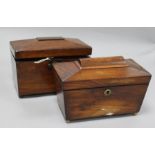 A Regency mahogany sarcophagus-shaped tea caddy and another similar tea caddy