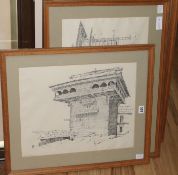 Four pencil drawings of Indian and Nepalese buildings, 36 x 46cm largest