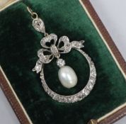 A Victorian gold and silver, cultured? pearl and diamond set drop openwork pendant, in fitted box,