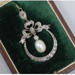 A Victorian gold and silver, cultured? pearl and diamond set drop openwork pendant, in fitted box,