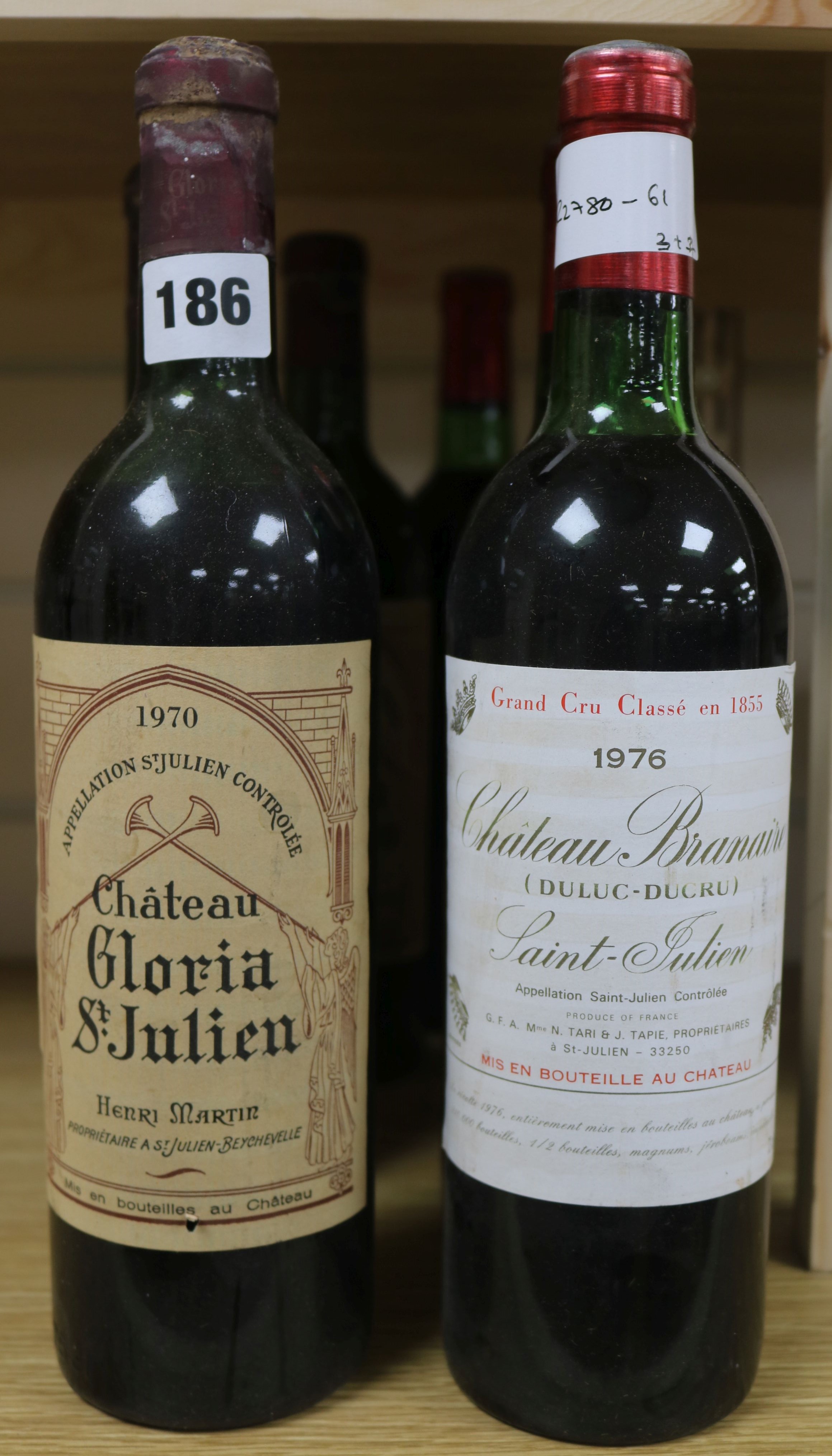 Three bottles of Chateau Gloria St Julien 1970 and four bottles of Chateau Branaire 1976