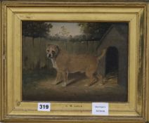 E.W Gill, oil on canvas, terrier beside a kennel, 20 x26cm