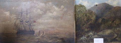 Two unframed oils on canvas, two men fishing on a river and a Ocean scene, 26 x 36cm