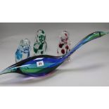 A Murano Gallery signed glass swan and three dogs