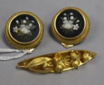 A pair of 19th century yellow metal micro-mosaic earrings and a similar navette-shaped foliate