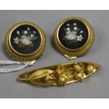 A pair of 19th century yellow metal micro-mosaic earrings and a similar navette-shaped foliate