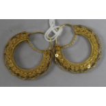 A pair of high carat gold filligree loop earrings, 32mm.