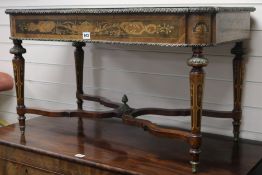 A Louis XVI style marquetry low table, W.90cm