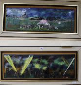 Two large enamel on copper plaques "The Blitz near St Paul's with Searchlights" and "A Country