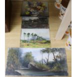 Four assorted oils on board, all unframed, 20 x 42cm largest