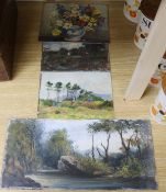 Four assorted oils on board, all unframed, 20 x 42cm largest