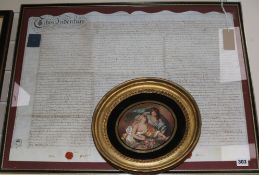 A print of a needlework panel and an indenture