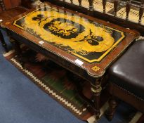 A Louis XV style musical instrument marquetry low table, W.97cm