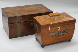 A Sheraton style painted satinwood sarcophagus tea caddy and a Victorian brass-bound rosewood