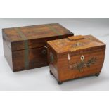 A Sheraton style painted satinwood sarcophagus tea caddy and a Victorian brass-bound rosewood