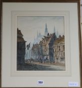 Henry Vincent watercolour, Continental street scene with cathedral, 29 x 25cm