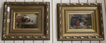 J.R. Makin, pair of oils, Interior scenes with children playing with pets, signed, 24 x 16.5cm