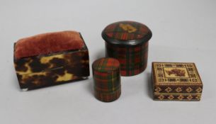 A Tunbridge stamp box, 2 tartan boxes and a tortoiseshell box