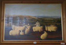 A naive oil on board, shepherd and flock, 48 x 74cm