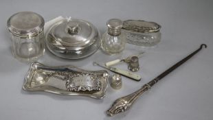 Three silver topped jars and a perfume bottle. A miniature silver tray, 2 silver thimbles, sherry