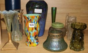 A collection of mixed glass vases including Whitefriars, Vaseline and Loetz style and Modena glass