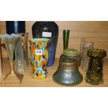 A collection of mixed glass vases including Whitefriars, Vaseline and Loetz style and Modena glass