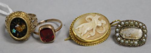 A 19th century Italian yellow metal-mounted cameo brooch, a micro-mosaic ring (a.f.) and two other