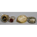 A 19th century Italian yellow metal-mounted cameo brooch, a micro-mosaic ring (a.f.) and two other