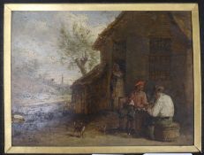 Two early 19th century oils on panel, smugglers and topers beside an inn, 20 x 24cm largest