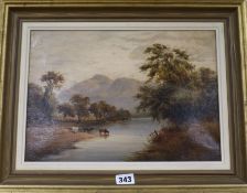 English School, oil on canvas, Cattle watering at a river, with mountains beyond, 24 x34 cm