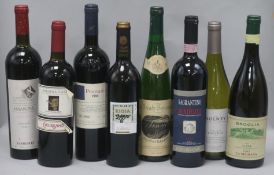 Five Italian wines including Prunaio (Super Tuscan), 1986 and Amarone, 1982, one Rioja, 2005 and two