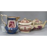 A Queen Victoria & Albert commemorative jug and two pink lustre teapots, 19th century