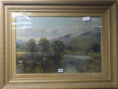 David Bates (1840-1921) oil on canvas, lake scene, North Wales,40 x 60cm