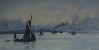 William Stephen Tomkin (1861-1940) watercolour, The Thames Estuary, signed, 19 x 36cm