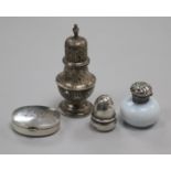 A George V silver "acorn" pepperette by Saunders & Shepherd, a silver mounted glass scent bottle,