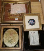 A 19th century silk picture, in verre eglomise gilt frame and three other pictures, 19 x 15cm